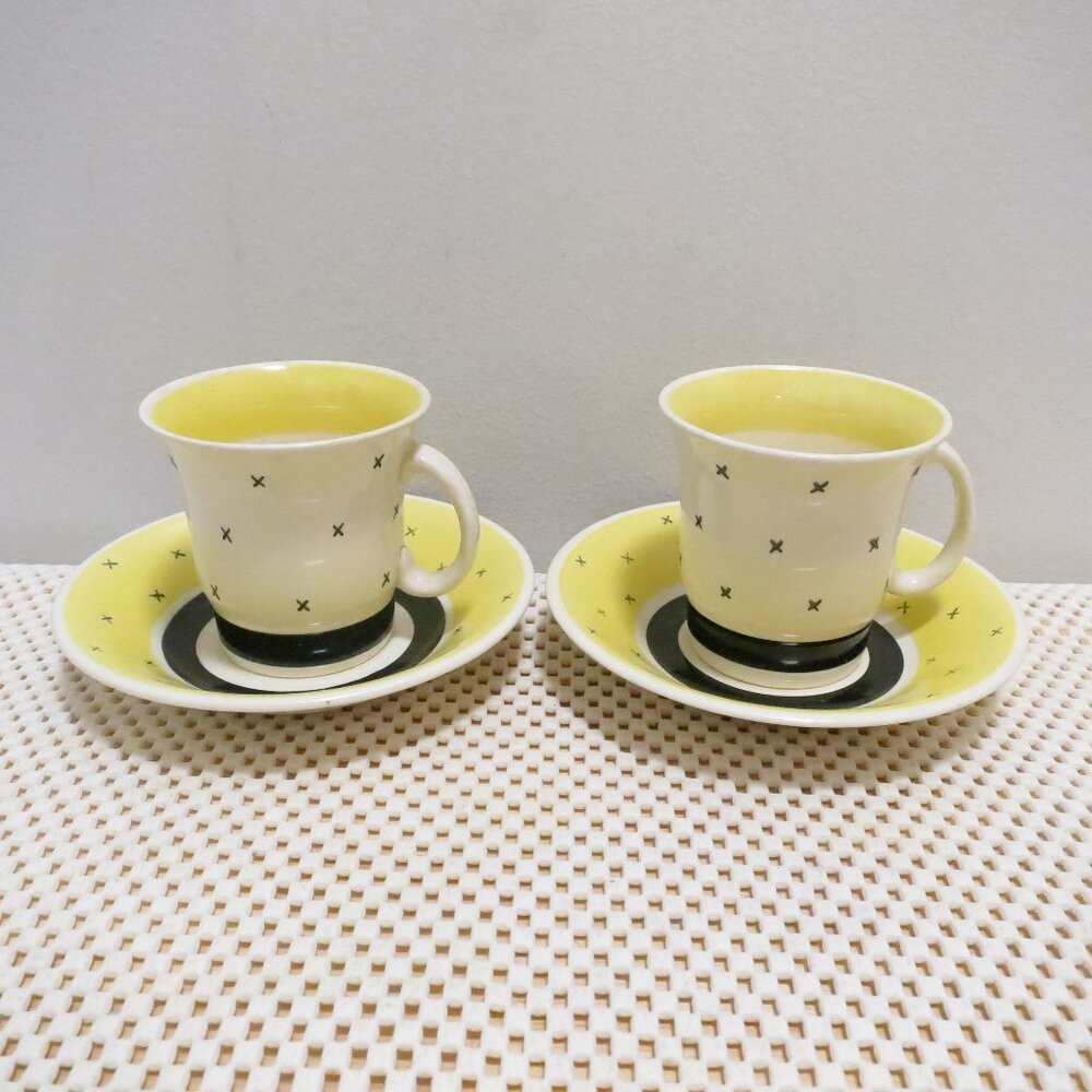 Suzie Cooper Productions Pair of Demitasse & Saucer Yellow Blue Crosses England